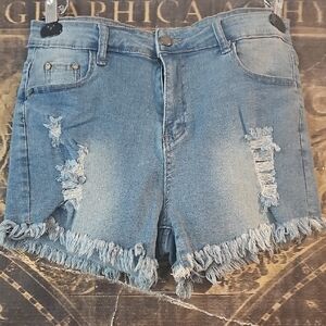 Blue Distressed Jean Shorts with Frayed Hem